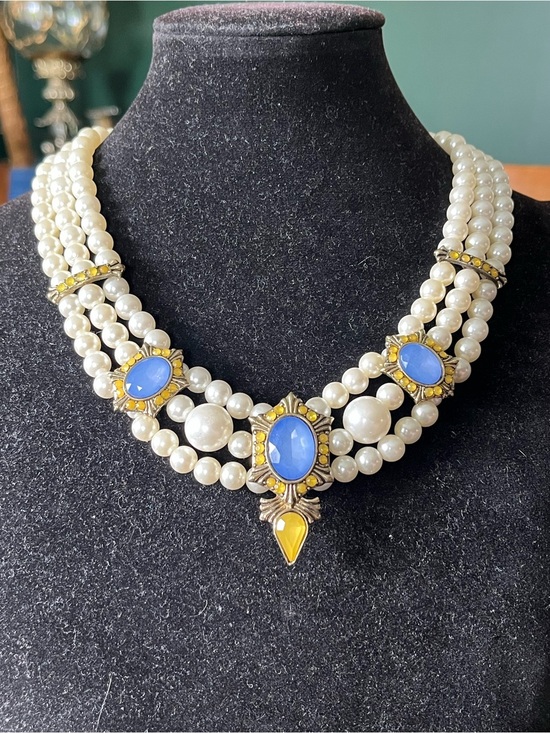 Unsigned Jewelry - Vintage Faux Pearl Blue Yellow Baroque Statement Necklace Regency Hollywood
